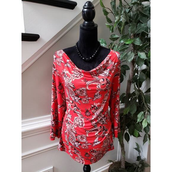 7th Avenue Blouse Women L Red Paisley Stretch Long Sleeve Ruched Cowl Neck Top - Picture 3 of 13